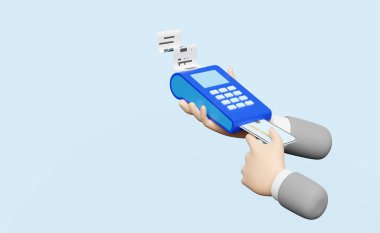 ödeme makinesi veya pos terminal ile iş adamı el kartı, elektronik fatura ödeme, fatura veya kağıt çek makbuzu mavi arka planda izole edilmiş, 3d illüstrasyon veya 3d görüntüleme