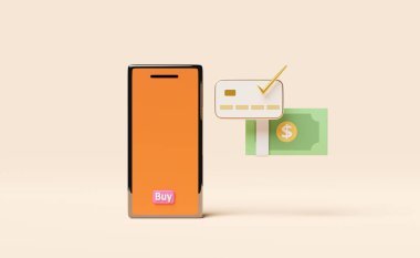 turuncu cep telefonu, kredi kartı çekli akıllı telefon, dolar banknotu, bej arka planda izole edilmiş etiket satın alma. İnternet bankacılığı, çevrimiçi alışveriş konsepti, 3D illüstrasyon veya 3D çizim