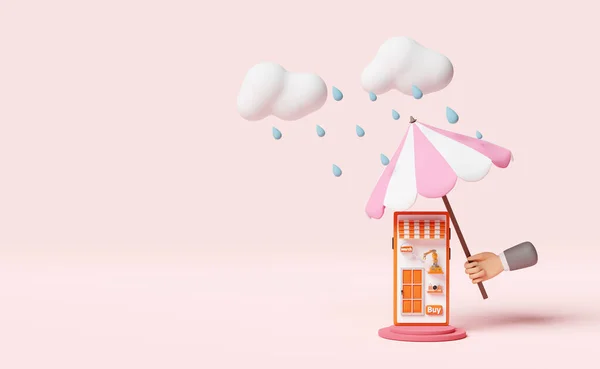 商人手拿着雨伞 手持手机 智能手机店面 粉色背景隔离 保护创业特许经营理念 3D插图或3D渲染 — 图库照片