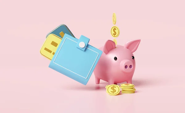 Brieftasche Und Sparschwein Mit Kreditkarte Münzen Isoliert Auf Rosa Hintergrund — Stockfoto