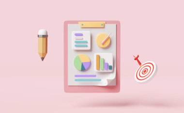 Tablolar ve grafikler, analiz iş mali verileri, beyaz pano kontrol listesi, hedef, dart, pembe arka planda izole edilmiş kontrol, çevrimiçi pazarlama, iş stratejisi konsepti, 3d illüstrasyon veya 3d canlandırma