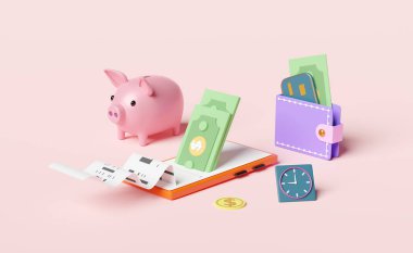 Cüzdan ve turuncu cep telefonu, bozuk paralı akıllı telefon, dolar banknotu, domuzcuk bankası, kredi kartı, fatura, kağıt çek makbuzu, pembenin elektronik fatura ödemesi. Tasarruf parası konsepti, 3d illüstrasyon, 3d render