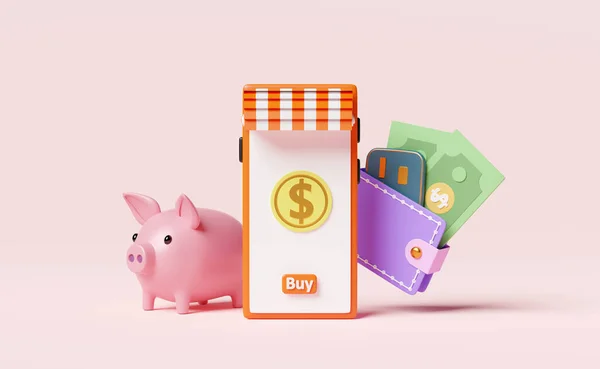 お店のフロント コイン ドル紙幣 貯金箱 貯金箱 ピンクの背景に隔離されたクレジットカードで財布やオレンジの携帯電話やスマートフォン — ストック写真