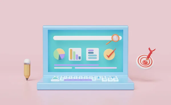 laptop computer with charts graph,analysis business financial data,target,darts,magnifying glass,Online marketing isolated on pink.Online marketing,business strategy concept,3d illustration,3d render