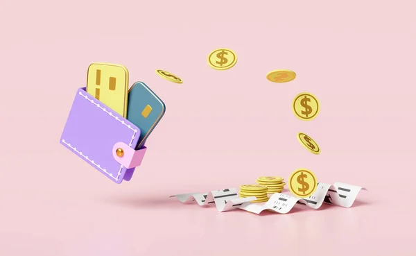 带有信用卡 发票或纸质支票收据的钱包 在粉红背景下孤立的电子汇票支付 省钱概念 三维插图或3D渲染 — 图库照片