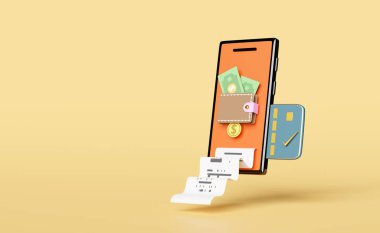 Cüzdan ve turuncu cep telefonu, bozuk paralı akıllı telefon, dolar banknotu, kredi kartı, fatura, kağıt makbuz, sarı arka planda elektronik fatura ödemesi. Tasarruf parası konsepti, 3D çizim, 3D