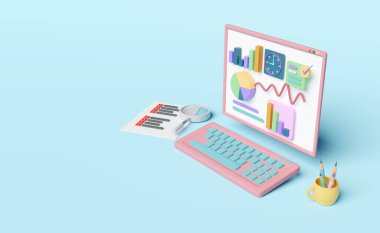 grafikli dizüstü bilgisayar, analiz işi finansal verileri, büyüteç, pano kontrol listesi mavi arka planda izole edildi. Çevrimiçi pazarlama, iş stratejisi konsepti, 3d illüstrasyon, 3d canlandırma