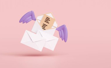 Pembe arka planda kanatları olan açık bir zarf. Haber bültenini, gelen e- posta konseptini, 3d illüstrasyonunu veya 3d yorumlamasını bildir.