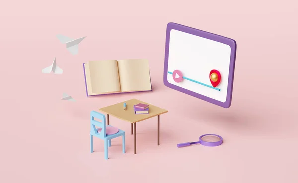 Oyun Çubuğu Kağıt Uçak Öğrenci Masası Sandalye Pembe Arka Planda — Stok fotoğraf