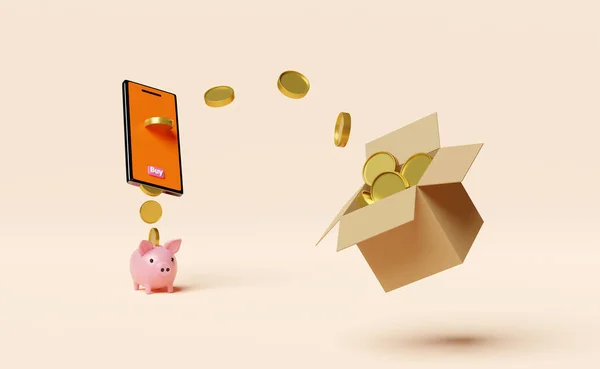 Orangefarbenes Handy Oder Smartphone Mit Stapel Gestapelter Münzen Waren Karton — Stockfoto