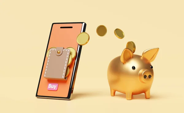 orange mobile phone or smartphone with pile of stacked coin,goods cardboard box,piggy bank,wallet isolated on beige background,online shopping or saving money concept,3d illustration or 3d render