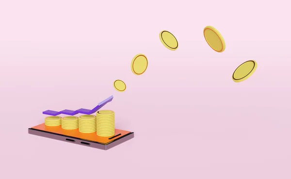 用橙色手机 智能手机 条形图在粉色粉刷的背景上孤立地堆砌硬币 财务上的成功和增长或省钱概念 3D插图或3D渲染 — 图库照片