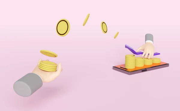 用橙色手机 智能手机 商人手拿着在粉色粉刷背景上孤立的条形图堆放硬币 财务上的成功 省钱概念 3D插图或3D Reder — 图库照片