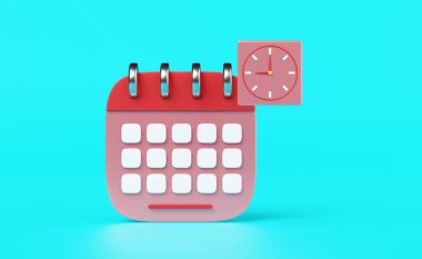 mavi arkaplanda izole edilmiş kırmızı takvimli çizgi film karakteri saati. Konsept 3d illüstrasyon veya 3d canlandırma