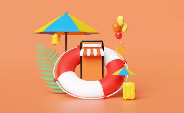 cep telefonu, akıllı telefon dükkanı önü şemsiyeli, avuç içi, alışveriş poşetleri, can simidi, bildirim zili, bavul, portakala izole edilmiş balon. Çevrimiçi alışveriş yaz satışı konsepti, 3D çizim, 3D