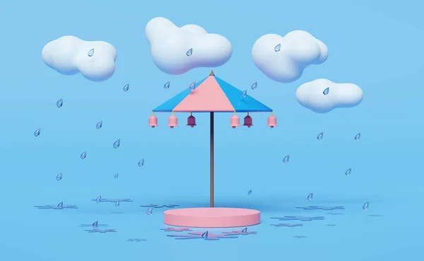 舞台讲台上空荡荡的伞 蓝色背景隔离的通知铃 保护与安全概念 3D插图或3D渲染 — 图库照片