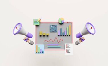 İşadamı eliyle grafikler ve grafikler, analiz iş mali verileri, saat, megafon veya el hoparlörü pembe arka planda izole edilmiş, çevrimiçi pazarlama stratejisi konsepti, 3D illüstrasyon, 3D canlandırma