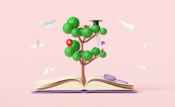 open book with red pin,tree, graduation hat,magnifying glass,paper plane,diploma rolled,stick man isolated on pink pastel background.achieve goals and success concept ,3d illustration or 3d render