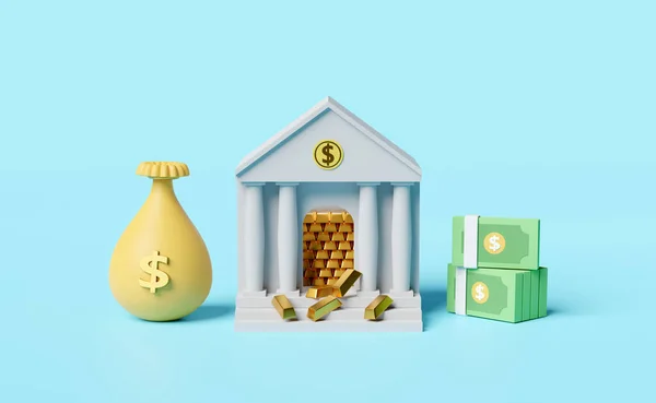 銀行や税務署の建物で金のバーマネーバッグ ピンクのパステルカラーの背景に隔離されたドル紙幣の山 銀行融資 両替コンセプト 3Dイラストまたは3Dレンダリング — ストック写真