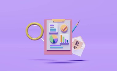 Grafikler, analizler ile grafik iş mali verileri, beyaz pano kontrol listesi, açık zarf, büyütme, mor arka planda izole kalem, iş stratejisi konsepti, 3D illüstrasyon veya 3d render