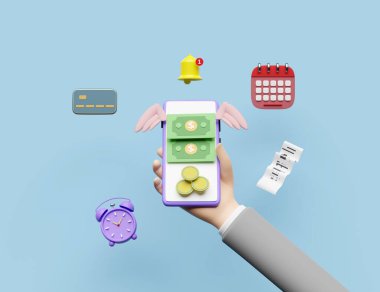İş adamlarının elinde cep telefonu, paralı akıllı telefon, uçan dolar banknot kanatları, takvim, fatura, kağıt çek makbuzu pembeye izole edildi. İnternet bankacılığı konsepti, 3D illüstrasyon veya 3D çizim