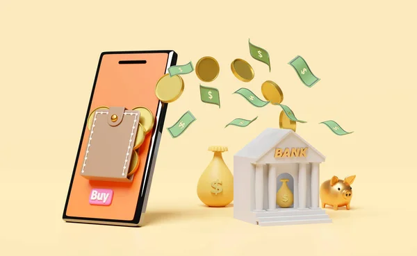 orange mobile phone or smartphone with bank,tax office building,dollar banknote,coin,piggy bank,wallet isolated on beige background,online shopping or saving money concept,3d illustration or 3d render