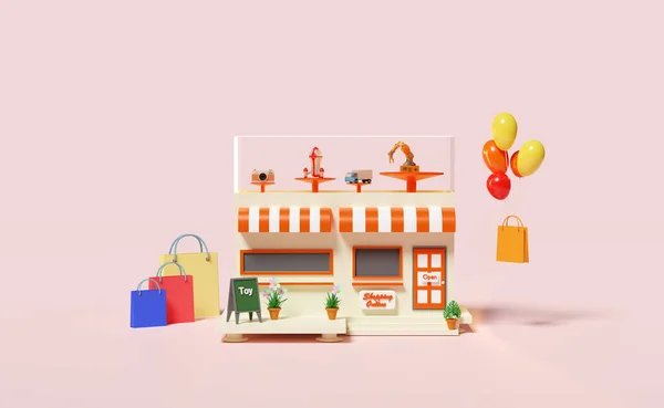 Gebouw Winkel Cafe Met Speelgoed Showcase Winkelbord Bloempot Shopping Papieren — Stockfoto