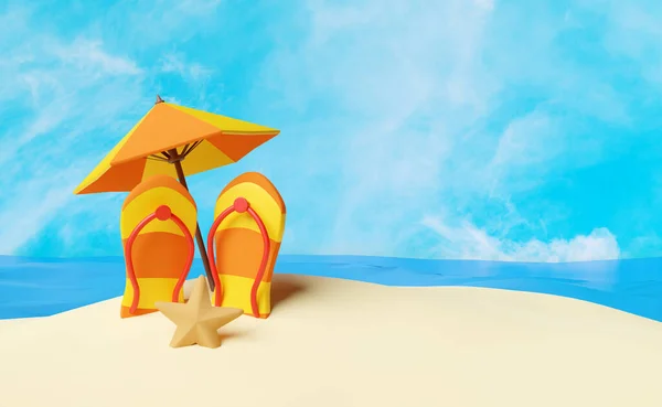 Letní Cestování Sandály Hvězdice Mraky Deštník Ostrov Mořské Vlny Izolované — Stock fotografie
