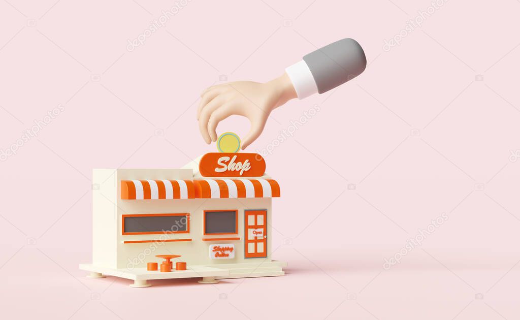 building shop store front with businessman hands holding coin,coffee table isolated on pink background.startup franchise business,saving money,business growth concept,3d illustration,3d render