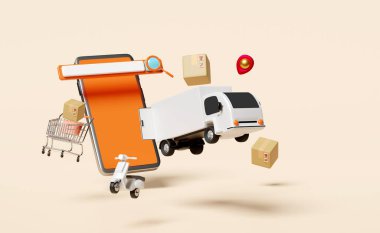 cep telefonu, arama çubuklu akıllı telefon, büyüteç, alışveriş arabası, scooter, kamyon, bej arka planda izole edilmiş iğne. Çevrimiçi dağıtım, online sipariş izleme konsepti, 3D çizim veya 3D çizim