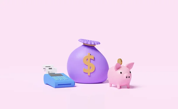 電子請求書の支払 貯金箱 請求書又は紙の小切手の受領 ピンクの背景に隔離されたマネーバッグ 貯金箱の概念 3Dイラスト又は3Dレンダリング — ストック写真