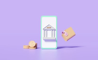 Cep telefonu, banka ya da vergi dairesi binalı akıllı telefon, cüzdan, mor arka planda izole edilmiş bozuk para. Para tasarrufu kavramı, 3D illüstrasyon, 3D çizim