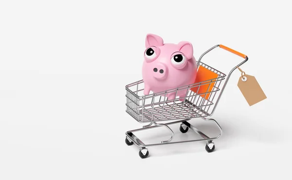 Bancos Piggy Rosa Com Carrinho Compras Etiquetas Preço Isoladas Conceito — Fotografia de Stock