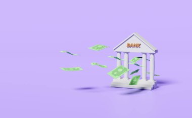 Banka ya da vergi dairesi binası mor zemin üzerine izole edilmiş. Tasarruf para konsepti, 3D illüstrasyon, 3D görüntüleme