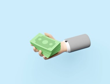 mavi arka planda izole edilmiş banknotları tutan karikatür işadamı elleri. Hızlı kredi onayı veya kredi onayı konsepti, 3D illüstrasyon veya 3D canlandırma
