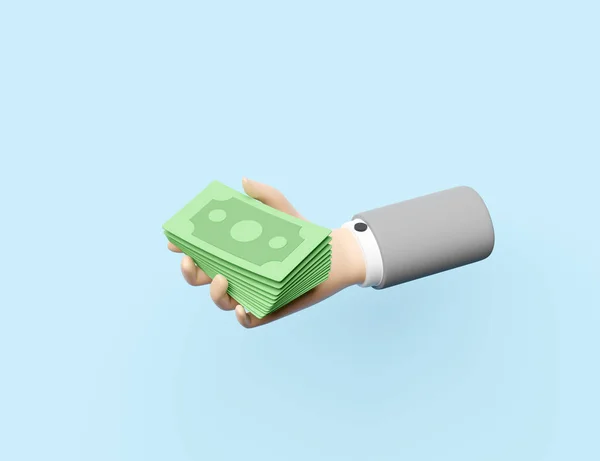 青い背景に隔離された銀行券を保持する漫画のビジネスマンの手 迅速なクレジット承認またはローンの承認の概念 3Dイラストまたは3Dレンダリング — ストック写真