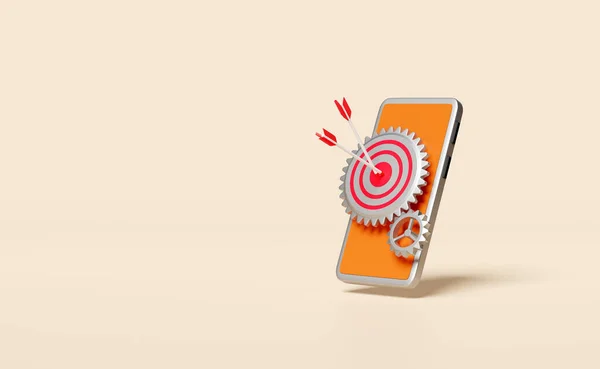 Mobiltelefon Narancs Okostelefon Célfelszereléssel Piros Darts Vagy Nyíl Elszigetelt Bézs — Stock Fotó