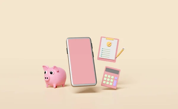 저금통의 분홍색 스마트폰 클립보드 계산기 Beige Background Concept Illustration 렌더링에 — 스톡 사진