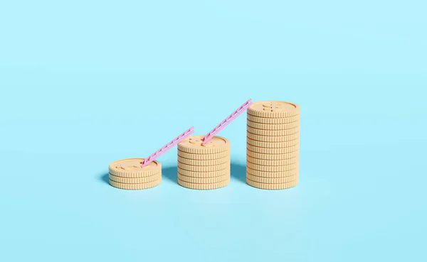 Golddollar Münzen Stapeln Sich Mit Treppen Isoliert Auf Blauem Hintergrund — Stockfoto