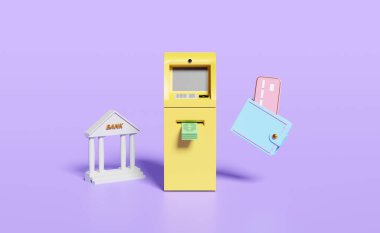 Sarı ATM işlemi, kontrol işareti, kredi kartı, cüzdan, banka ya da vergi dairesi binası olan para çekme Mor arkaplan 3D resimleme, 3D render
