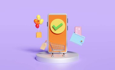 cep telefonu, silindir sahne podyumlu akıllı telefon, kontrol işareti, alışveriş arabası, fiyat etiketleri, kredi kartı, cüzdan, mor arka planda izole edilmiş çanta. Çevrimiçi alışveriş satışı, konsept 3d illüstrasyon, 3D görüntüleme, 3D