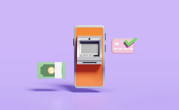 Bargeld Abheben Mit Bankautomat Transaktion Banknote Häkchen Mobiltelefon Smartphone Kreditkarte — Stockfoto