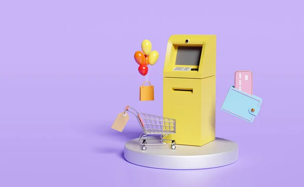 黄色のAtm機取引で現金を引き出す ショッピングカート 価格タグ クレジットカード バッグ 紫色の背景に隔離されたステージ表彰台 — ストック写真