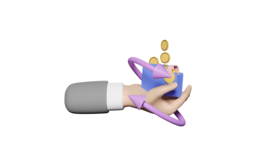 3D işadamı, yığınla para dolu cüzdanı tutuyor.