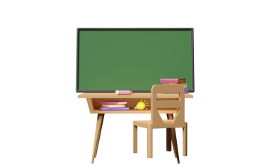 3D yeşil karatahta şablon, ahşap okul karikatürü, sandalye, ampul, kitap izole. 3d resimleme