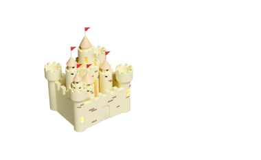 Yaz tatili konsepti, kuleleri, kalesi, kapıları ve bayrakları olan 3 boyutlu kumdan kale. 3d resimleme