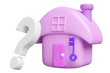 Anahtar soru işareti simgesiyle yüzen 3 boyutlu mor ev izole edildi. SSS, ev sorunları kavramını çöz, 3 boyutlu resimleme