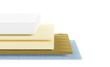 Kumaş, yumuşak sünger, lateks ve hafıza köpüğünden izole edilmiş 3D 4 katmanlı kumaş döşek. asgari özet, 3D resimleme