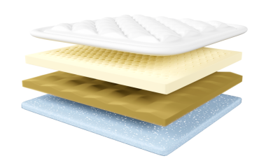 Kumaş, yumuşak sünger, lateks ve hafıza köpüğünden izole edilmiş 3D 4 katmanlı kumaş döşek. asgari özet, 3D resimleme