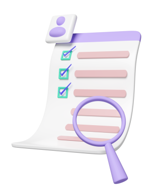 Kontrol listesi kağıtlı 3D kimlik kartı, büyüteç, izole pano. işe alım personeli, insan kaynakları, iş arama, iş başvurusu konsepti, 3D çizim illüstrasyonu